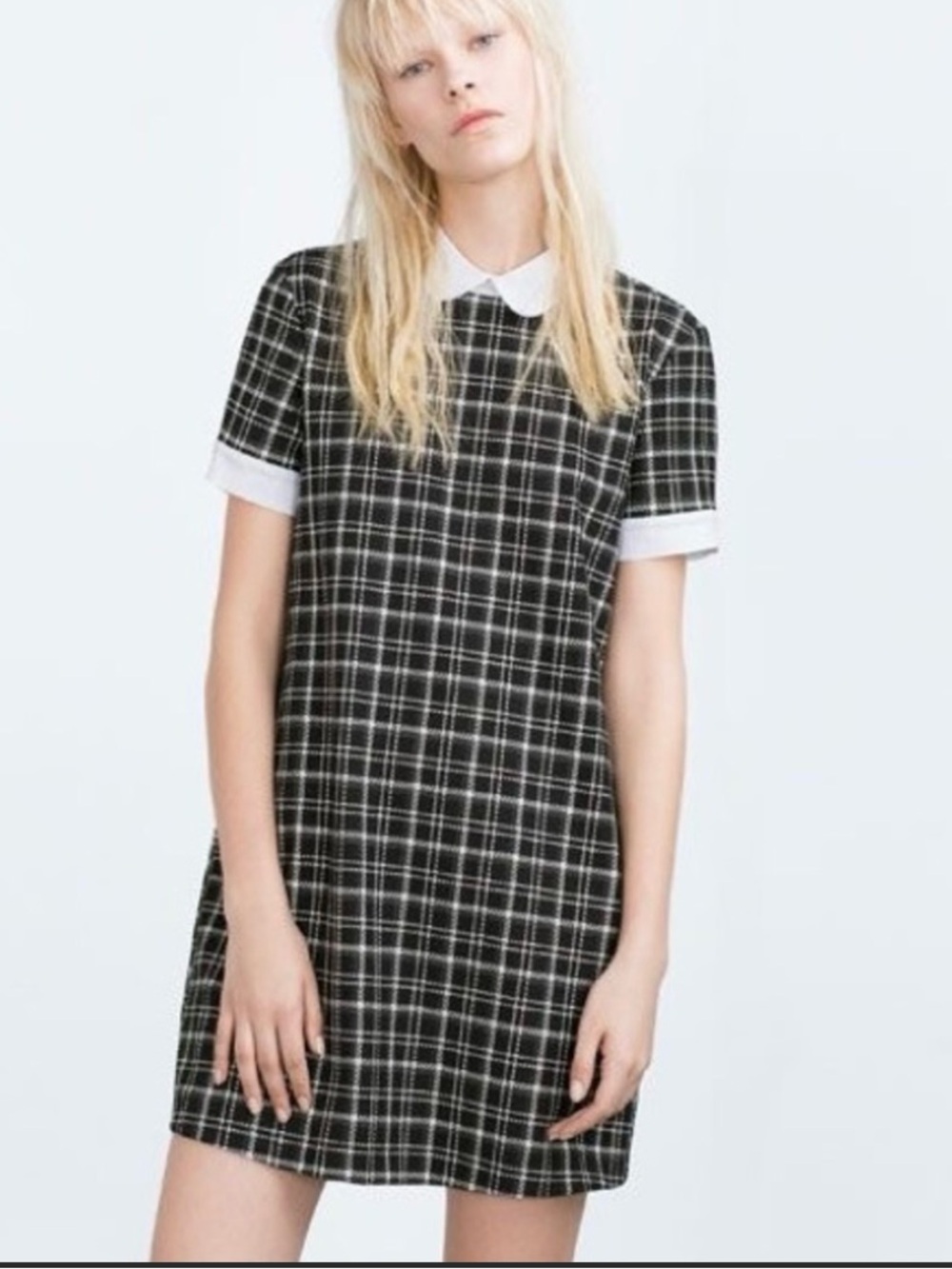 Zara Black & White Plaid Dress with White Peter Pan Collar